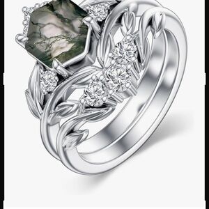 Elegant Silver Ring with Green Gemstone and Leaf Motif C -Hexagon Cut